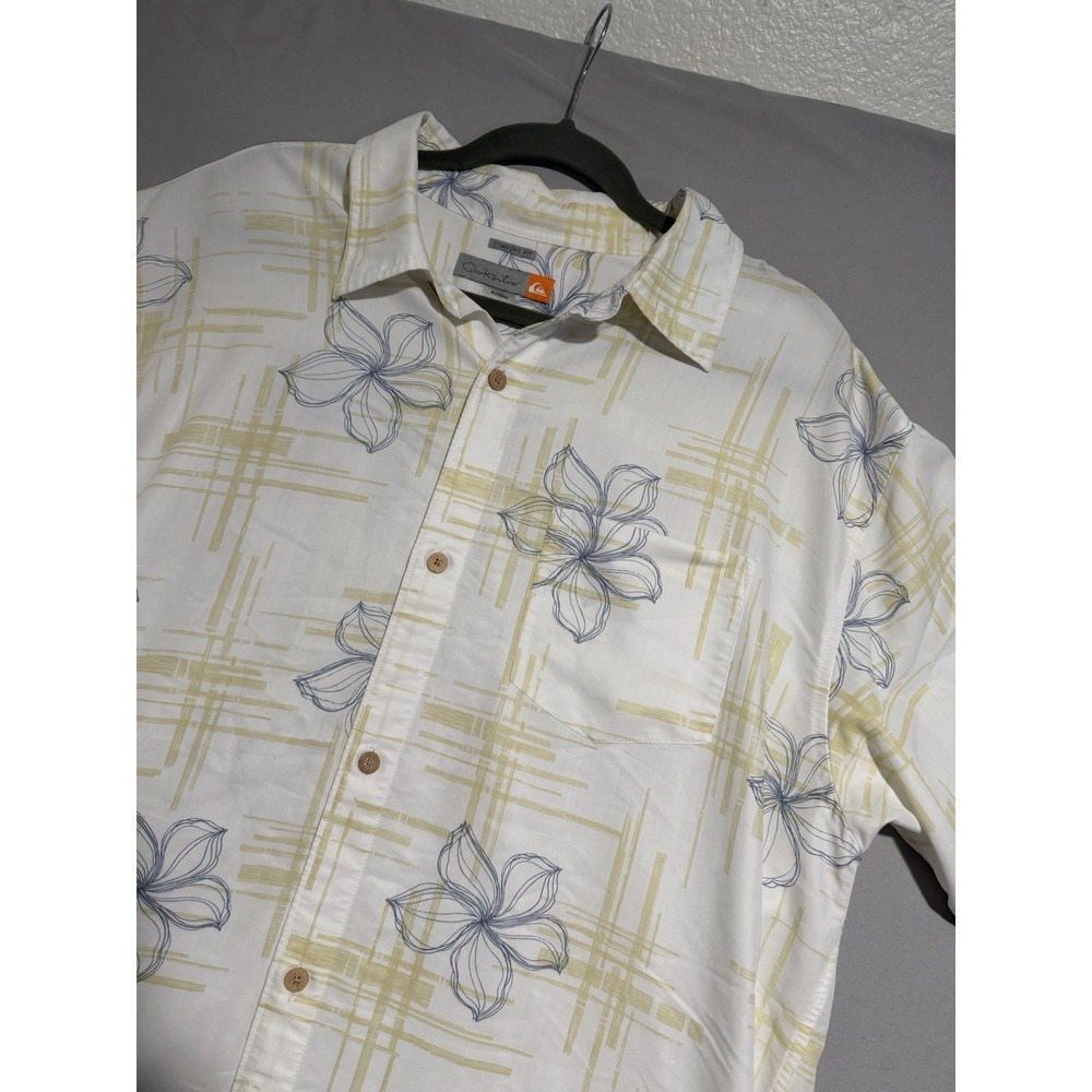 quiksilver comfort fit white beige floral hawaiian‎ ss button up shirt, men's xl